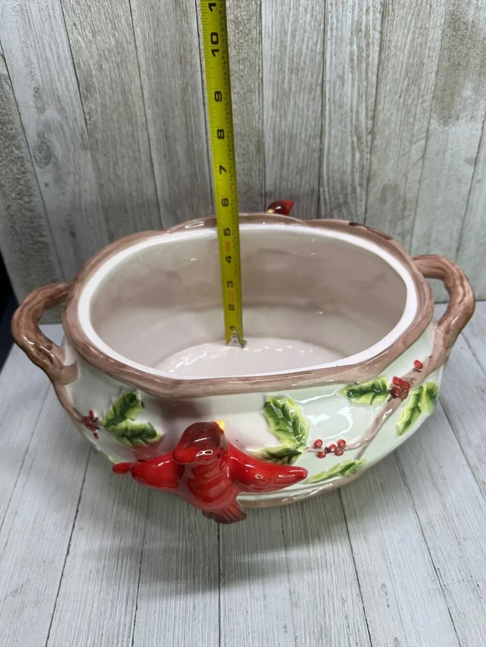 Vtg Cardinal & Berries Holly Serving Bowl Dish Holiday Decor Ceramic 11.5